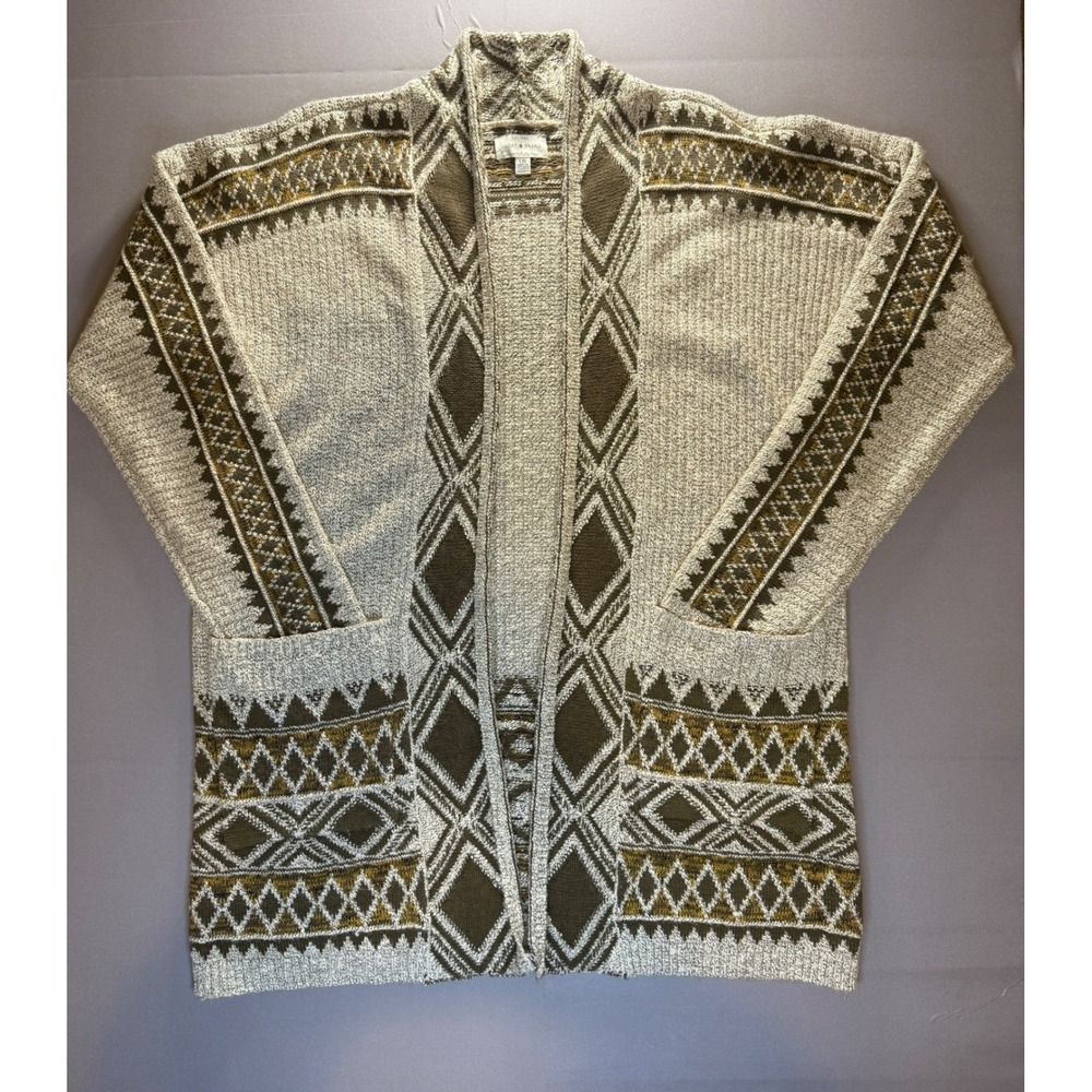 Lucky Brand Womens Geometric Knit Open Front Cardigan Sweater Olive Cream XL